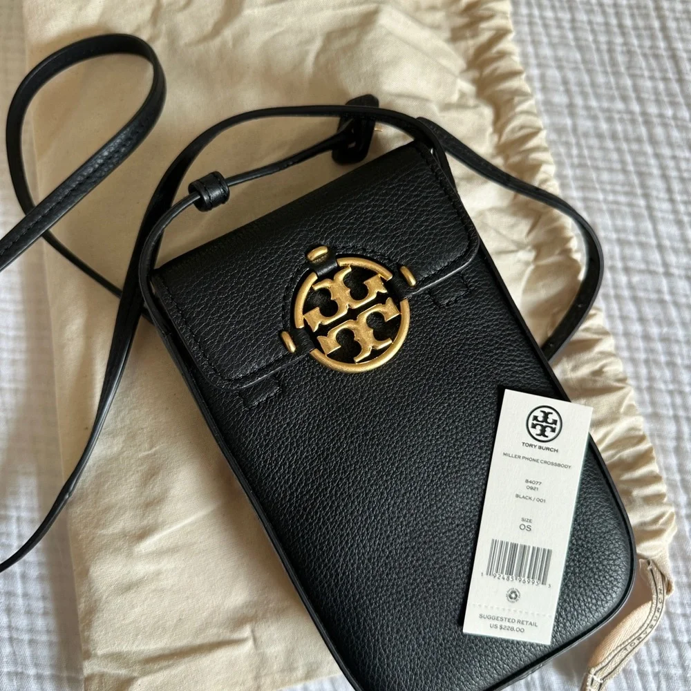 Tory Burch Black Crossbody Phone Bag with Gold Logo